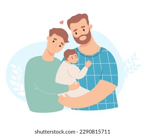 Happy lgbt family. Cute fair-skinned mans with baby in his arms and loving guy partner. Vector illustration in flat style. Parent, parenthood, fathers and family day concept