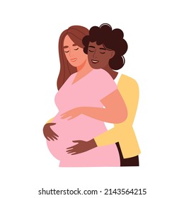 Happy Lgbt Family Is Expecting A Baby. Pregnant Woman With Her Wife. Lesbian Couple. Concept Of Pregnancy, Family, Motherhood. Flat Vector Illustration.