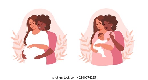 Happy Lgbt Family Is Expecting A Baby. Lesbian Couple With A Newborn Baby. Pregnant Woman With Her Wife. Set Of Illustrations About Pregnancy And Motherhood.  Flat Vector Illustration.