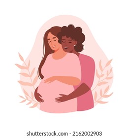 Happy Lgbt Family Is Expecting A Baby. Pregnant Woman With Her Wife. Concept Of Pregnancy, Family, Motherhood. Flat Vector Illustration.