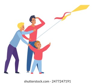 Happy LGBT family flying kite together, two guys and kid boy playing together vector illustration