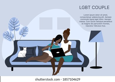 Happy LGBT family at home on the sofa behind the laptop. Illustration of love for diversity, relationships, equality. Vector