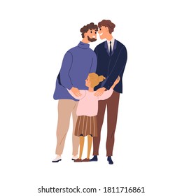 Happy lgbt family hugging and feeling love vector flat illustration. Gay couple with kid. Two enamored fathers cuddle little cute daughter isolated. Smiling homosexual man and girl standing together.