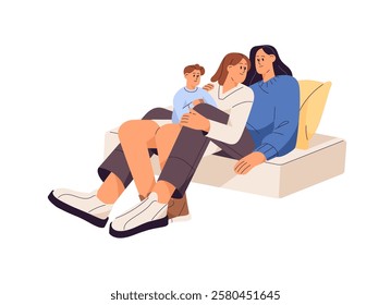 Happy LGBT family with kid spends time together. Lesbian mothers embrace with their child. Homosexual parents and baby sit on sofa, cuddle. Flat isolated vector illustration on white background