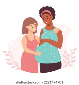 Happy LGBT family. multiracial lesbian family. light-skinned girl with pregnant ethnic black woman. Vector illustration in flat cartoon style. concept of gender relations, surrogate motherhood
