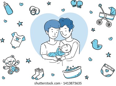 Happy LGBT Family with new born items. Doodle vector design.