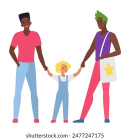 Happy LGBT family standing together, male characters holding hand of little boy vector illustration