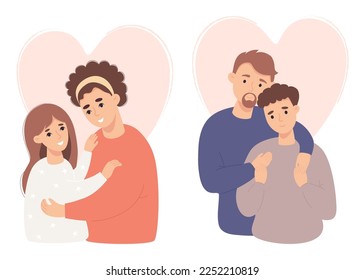 Happy lgbt family. Two enamored lesbian girl and loving couple of gay men. Vector illustration in flat cartoon style. Romantic couple homosexuals on background of heart