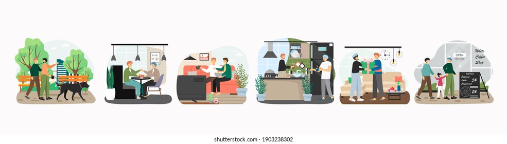 Happy lgbt gay couple in different situations, concept vector illustration. Homosexual men walking dog, cooking, watching movie together. LGBT people with child go to cafe