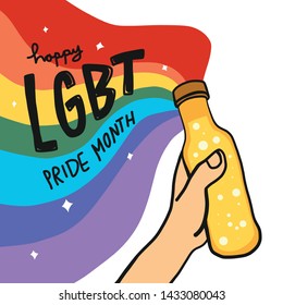 Happy LGBT Pride month, Rainbow hand with beer celebration vector illustration