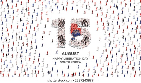 Feliz Día de la Liberación en Corea del Sur. Un gran grupo de personas se forman para crear el número 15 mientras Corea del Sur celebra su Día de la Liberación el 15 de agosto. Ilustración vectorial.