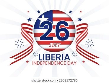 Feliz Día de la Independencia de Liberia. Ilustración con bandera ondeando en festividad nacional el 26 de julio. Planilla de caricaturas planas dibujadas en las páginas de aterrizaje