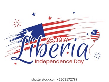 Feliz Día de la Independencia de Liberia. Ilustración con bandera ondeando en festividad nacional el 26 de julio. Planilla de caricaturas planas dibujadas en las páginas de aterrizaje