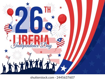 Feliz Día de la Independencia de Liberia Ilustración vectorial el 26 de julio con una bandera ondeando y una cinta en el diseño de fondo plano de dibujos animados de Festiva