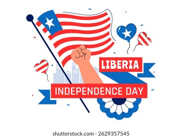 Happy Liberia Independence Day Vector Illustration on July 26 Featuring a Waving Flag and Ribbon in a National Holiday Flat Cartoon Background Design