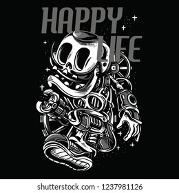 Happy Life Black and White Illustration