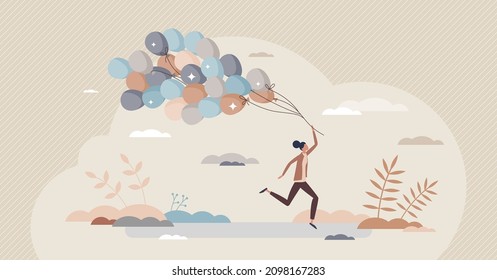 Happy life with careless feelings and joyful emotions tiny person concept. Dynamic lifestyle with fun and satisfied mental state vector illustration. Positive and full of optimism female expression.