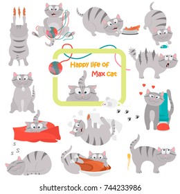 Happy life of a cat color flat illustration set