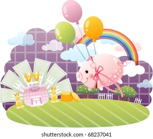 Happy Life with Coins and Cute pink Piggy Bank on purple check pattern and green grass background : vector illustration