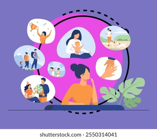 Happy life memories concept. Woman thinking over positive important moments of life experience, child birth, engagement, vacation. Vector illustration for past, personality, achievement topics