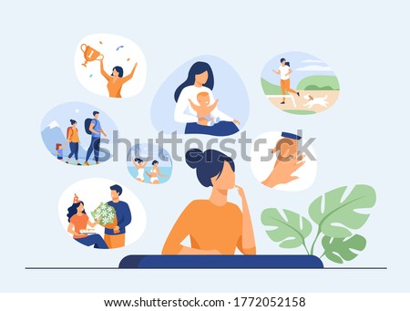 Happy life memories concept. Woman thinking over positive important moments of life experience, child birth, engagement, vacation. Vector illustration for past, personality, achievement topics 商業照片 © 