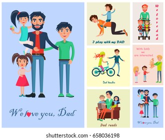 Happy life moments with father vector colorful poster of dad with three kids near six small photos of daddy's care and love