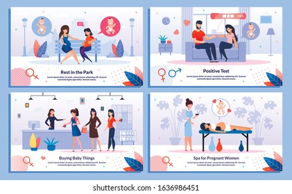 Happy Life in Pregnancy, Pregnant Woman Shopping Trendy Flat Vector Banner, Poster Set. Lady Talking with Friend, Showing Husband Test Result, Buying Baby Clothing, Relaxing in Spa Salon Illustration