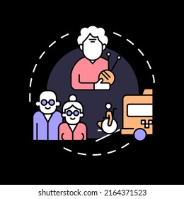 Happy life of senior people concept icon for dark theme. Comfort and positivity. Relationship and hobby. Elderly abstract idea thin line illustration. Isolated outline drawing. Editable stroke