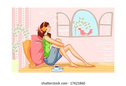 Happy Life Style - listening romantic music with beautiful young female on summer holiday on pretty pink background : vector illustration
