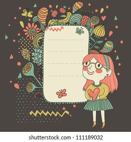 Happy lifestyle background. Little girl celebrating. Cartoon floral background for nice cards