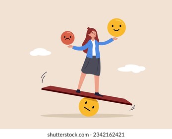 Happy lifestyle concept. Emotional intelligence, balance emotion control feeling between work stressed or sadness, mindful calm woman using her hand to balance smile and sad face.