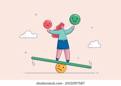 Happy lifestyle concept. Emotional intelligence, balance emotion control feeling between work stressed or sadness, mindful calm woman using her hand to balance smile and sad face.