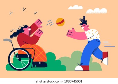 Happy lifestyle of disabled people concept. Little girl in wheelchair cartoon character playing ball with boy friend outdoors living active lifestyle vector illustration 