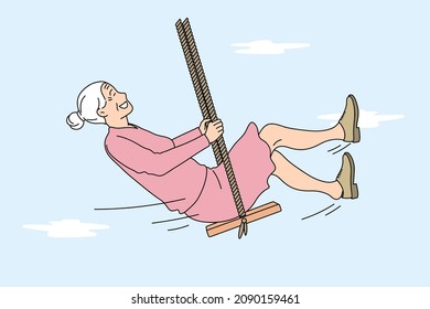 Happy lifestyle of elderly people concept. Smiling positive grey haired woman riding on swings feeling freedom and happiness like child vector illustration 