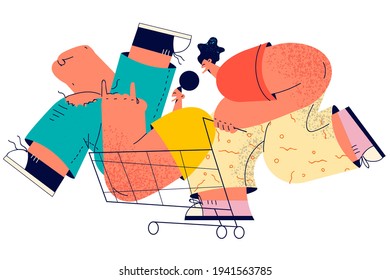 Happy lifestyle, enjoying time together and having fun concept. Positive man and woman having fun and riding on shopping cart in supermarket feeling playful vector illustration 
