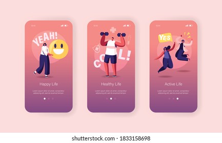 Happy Lifestyle Mobile App Page Onboard Screen Template. People Conduct Healthy, Active and Cool Life, Tiny Female Character with Huge Smile Emoji, Man Exercising Concept. Cartoon Vector Illustration