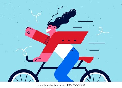 Happy lifestyle and outdoor activities concept. Young positive confident girl riding on bike and waving hand outdoors on summer vector illustration 