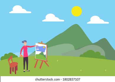 Happy lifestyle vector concept: old woman painting the landscape of hills and mountain happily