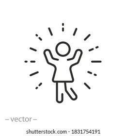 Happy Lifestyle Frauen Symbol, Konzept der weiblichen Freiheit, junge aufgeregte Frau mit positiven Emotionen, Erfolg und Mädchen-Sieg, dünne Web-Symbol auf weißem Hintergrund - bearbeitbare Schlaganzeiilgrafik