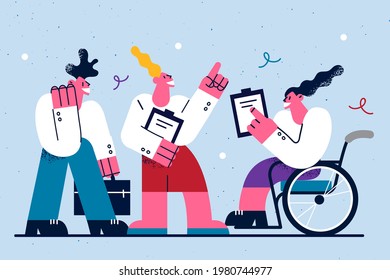 Happy lifestyle and work of disabled people concept. Smiling woman in wheelchair cartoon character working with ordinary people discussing documents vector illustration 