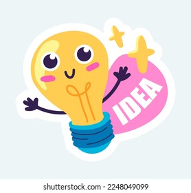 Happy light bulb with cute face generating creative ideas. Vector illustration in cartoon sticker design