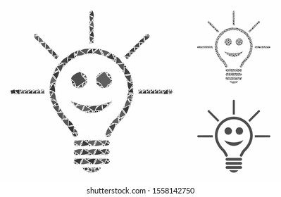 Happy light bulb mosaic of inequal elements in various sizes and color tints, based on happy light bulb icon. Vector inequal elements are combined into composition.