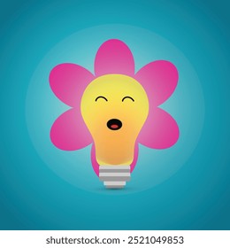 Happy light bulb surrounded by flower petals, symbol of energy and optimism 
