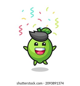 happy lime mascot jumping for congratulation with colour confetti , cute style design for t shirt, sticker, logo element