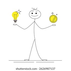 Happy Line Art Hand Drawn Stick Figure Showing Coin and Light Bulb. People and start up financial projects, generating bright ideas vector art