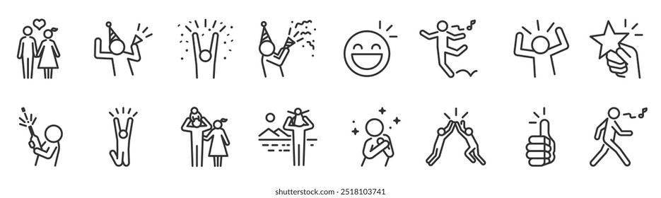 Happy line icon set. Included the icons as fun, enjoy, party, good mood, celebrate, success and more