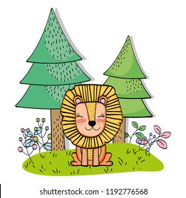 happy lion animal with pine trees