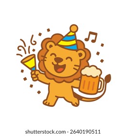 Happy Lion Celebrating with Confetti and Party