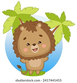 Happy lion cub hugs a heart. Lion with a heart. Postcard in children's cartoon style.