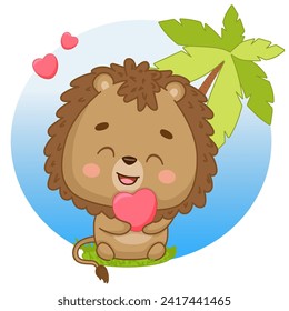 Happy lion cub hugs a heart. Lion with a heart. Postcard in children s cartoon style. Vector illustration of drawings, prints and patterns. Vector illustration